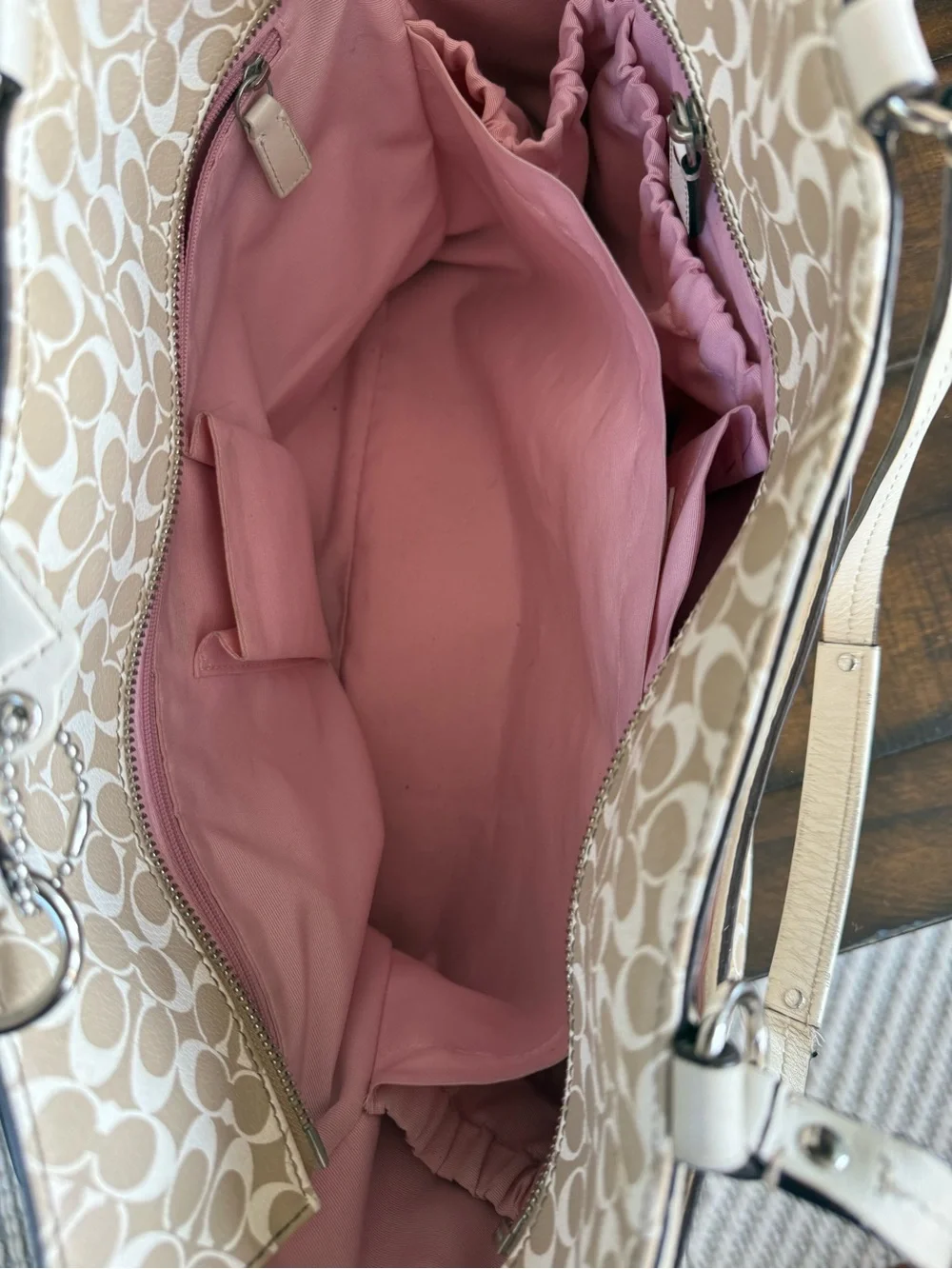 Coach Beige Tote with Pink Center Stripe